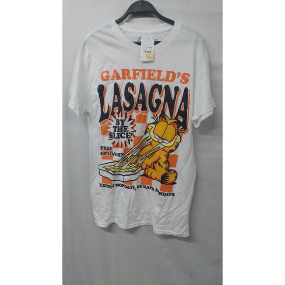 NWT Garfield Unisex T-Shirt Small White Lasagna Slice Comic Graphic Short Sleeve - Picture 1 of 8